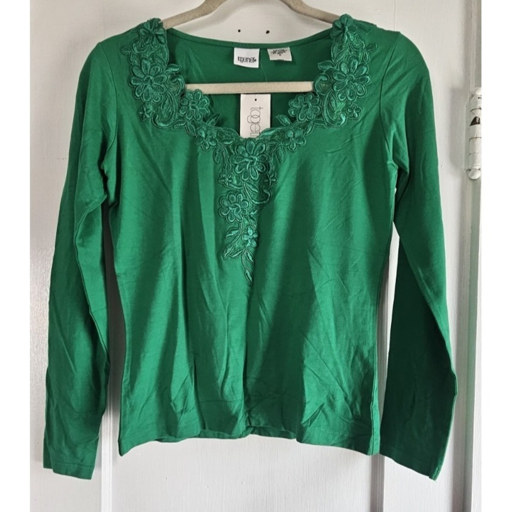 NWT TOGETHER embroidered floral‎ neckline woman M green